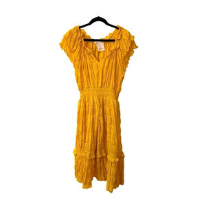 Faveur Boutique Butter Yellow Boho Smocked Midi Dress Size L NWT